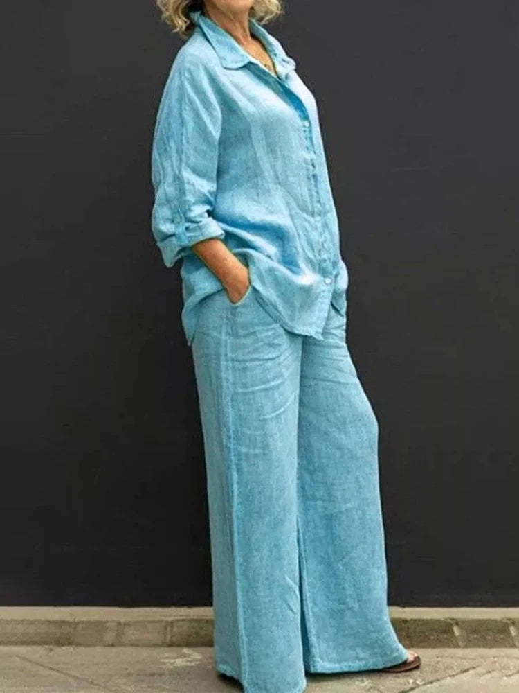 Damen-Langarm-Leinen-Set mit Knöpfbarem Oberteil und Hose