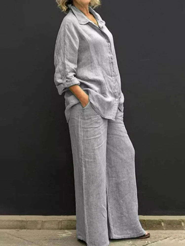 Damen-Langarm-Leinen-Set mit Knöpfbarem Oberteil und Hose