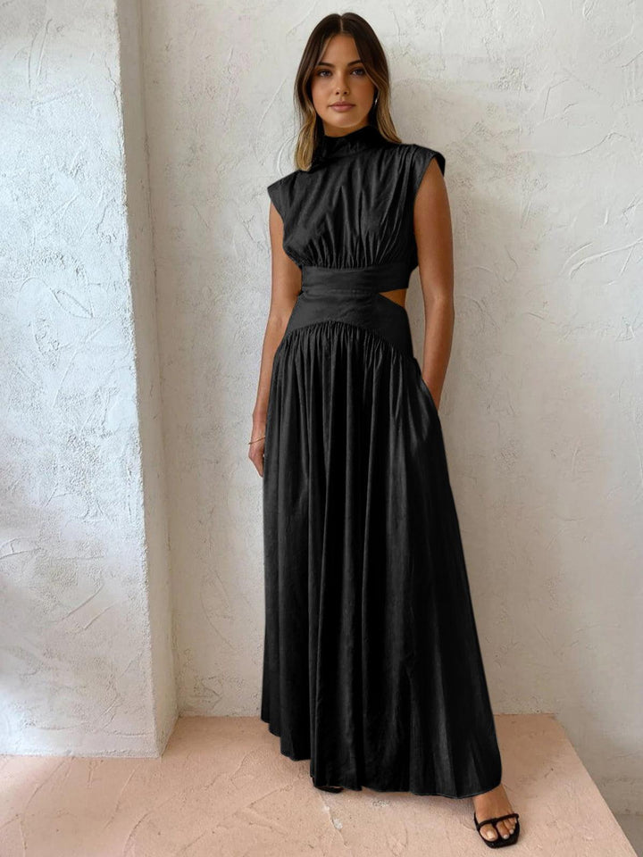 Damen ärmelloses Maxikleid mit hohem Ausschnitt und plissiertem Rock