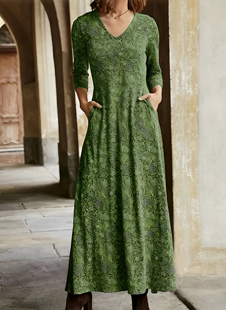 Damen Sommer Maxikleid mit langen Ärmeln und V-Ausschnitt