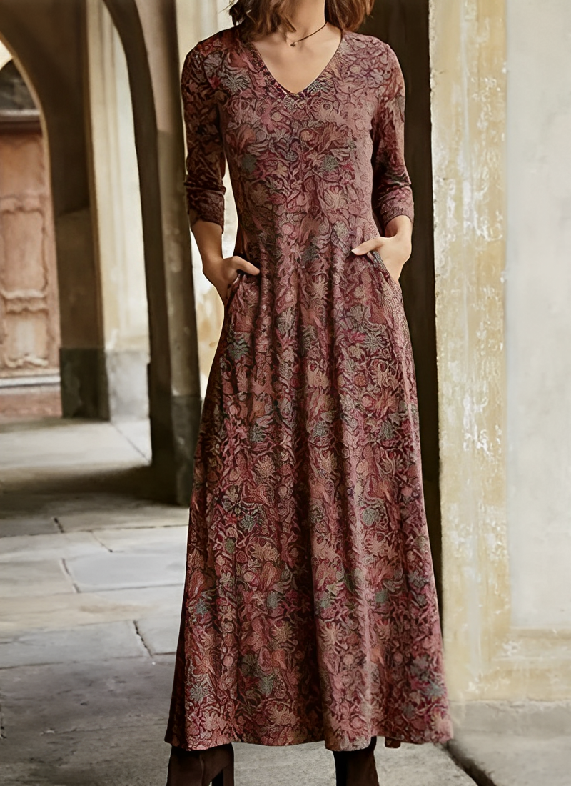 Damen Sommer Maxikleid mit langen Ärmeln und V-Ausschnitt