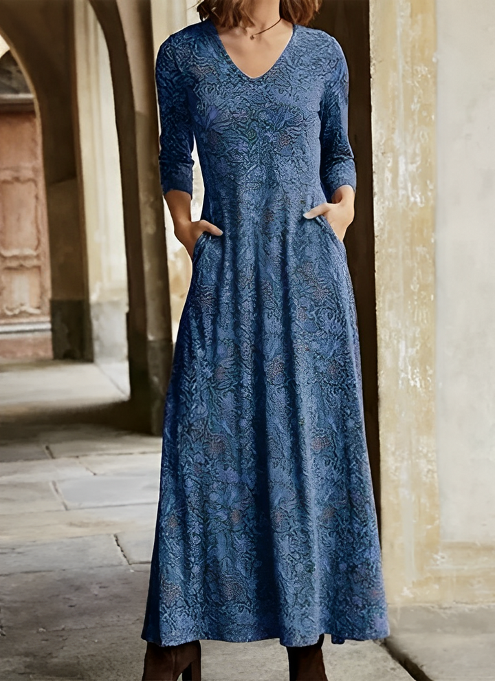 Damen Sommer Maxikleid mit langen Ärmeln und V-Ausschnitt