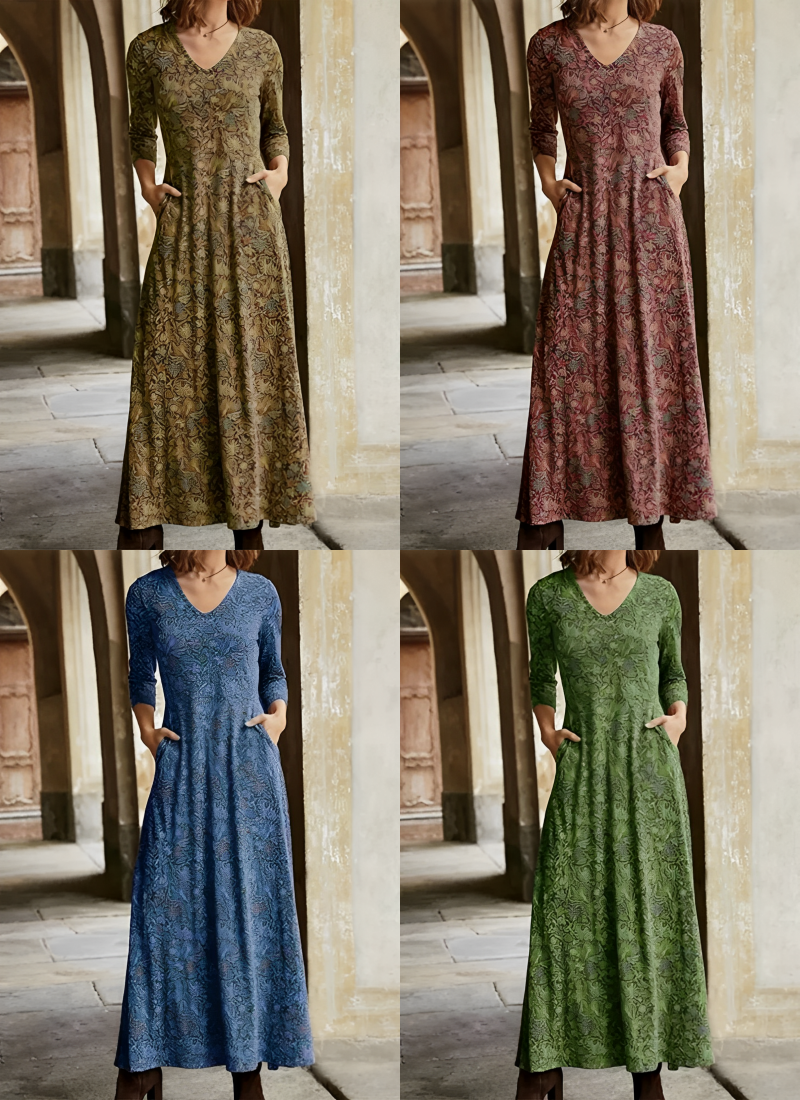 Damen Sommer Maxikleid mit langen Ärmeln und V-Ausschnitt