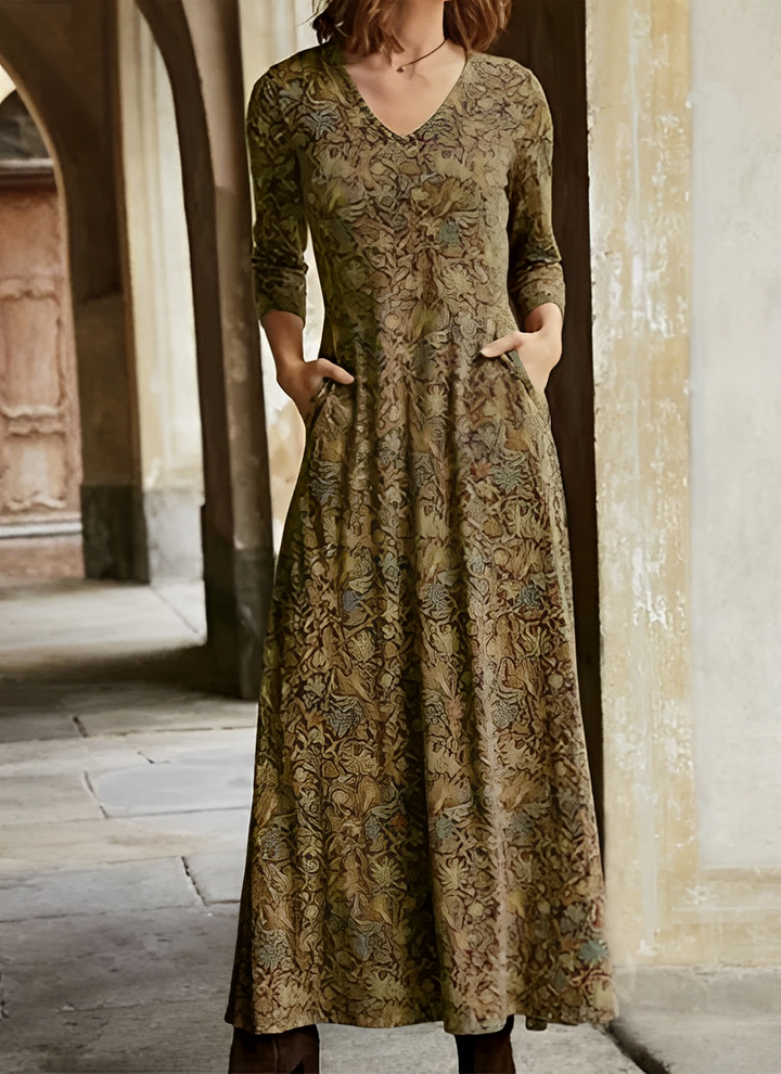 Damen Sommer Maxikleid mit langen Ärmeln und V-Ausschnitt