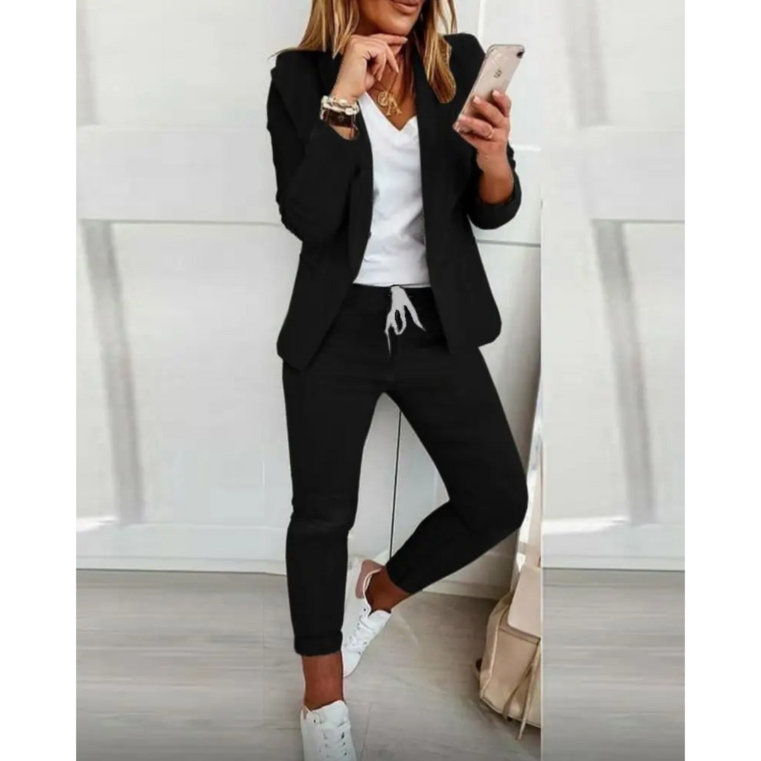 Damen Blazer und Hosen Set mit langen Ärmeln und Kordelzug