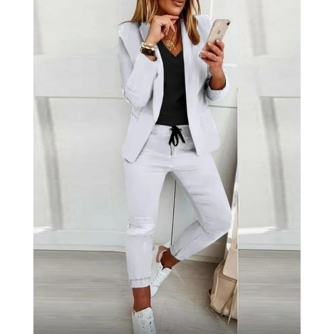 Damen Blazer und Hosen Set mit langen Ärmeln und Kordelzug
