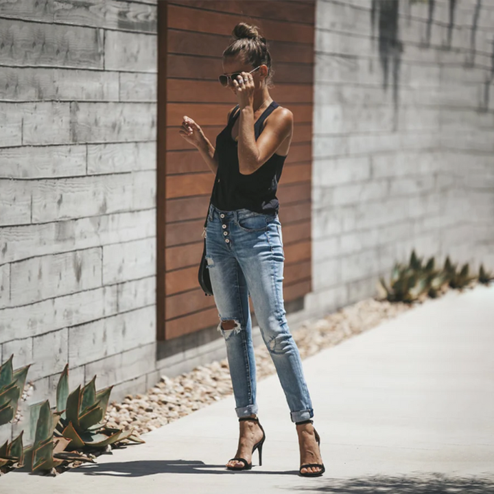 Damen Sommer Denim Jeans mit Knopfverschluss und Taschen