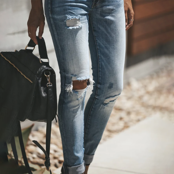Damen Sommer Denim Jeans mit Knopfverschluss und Taschen