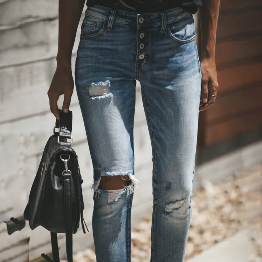 Damen Sommer Denim Jeans mit Knopfverschluss und Taschen