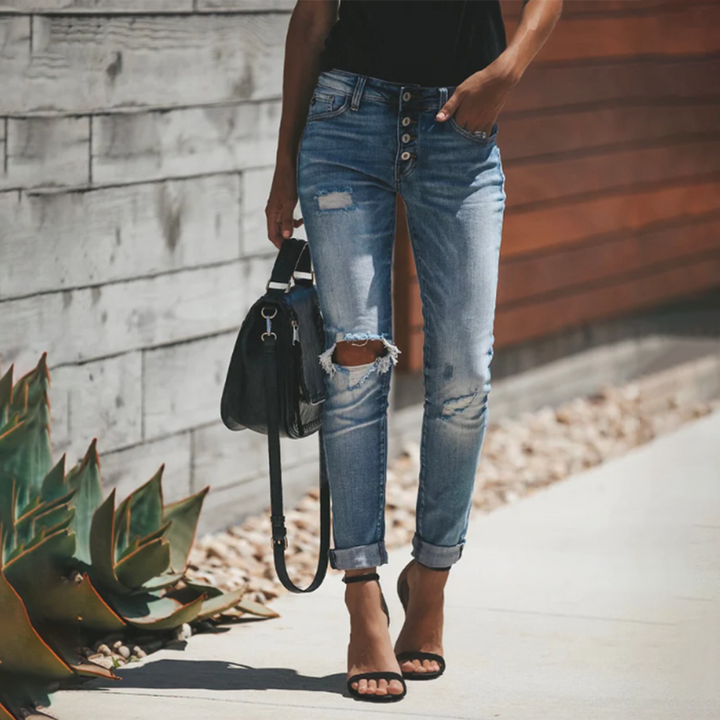 Damen Sommer Denim Jeans mit Knopfverschluss und Taschen