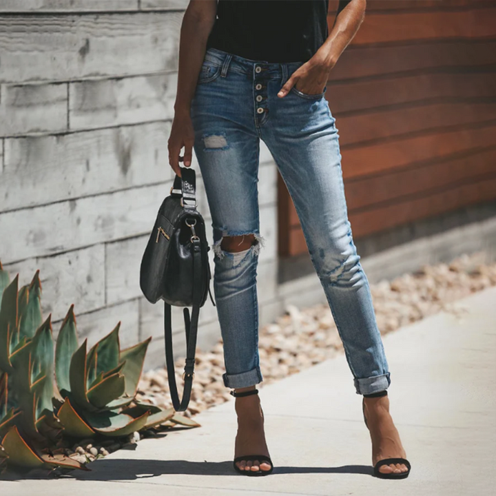 Damen Sommer Denim Jeans mit Knopfverschluss und Taschen