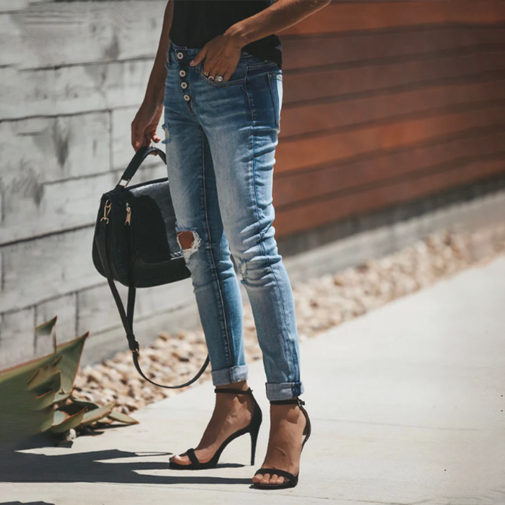 Damen Sommer Denim Jeans mit Knopfverschluss und Taschen