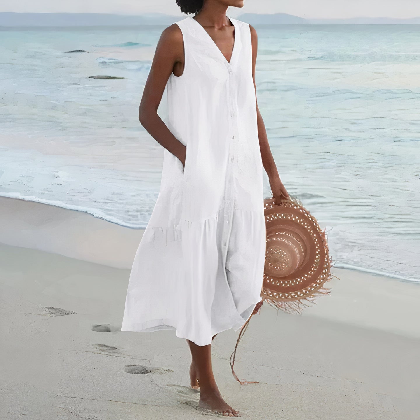 Damen Leinen Midi-Kleid mit V-Ausschnitt und Knopfverschluss