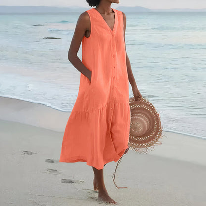 Damen Leinen Midi-Kleid mit V-Ausschnitt und Knopfverschluss
