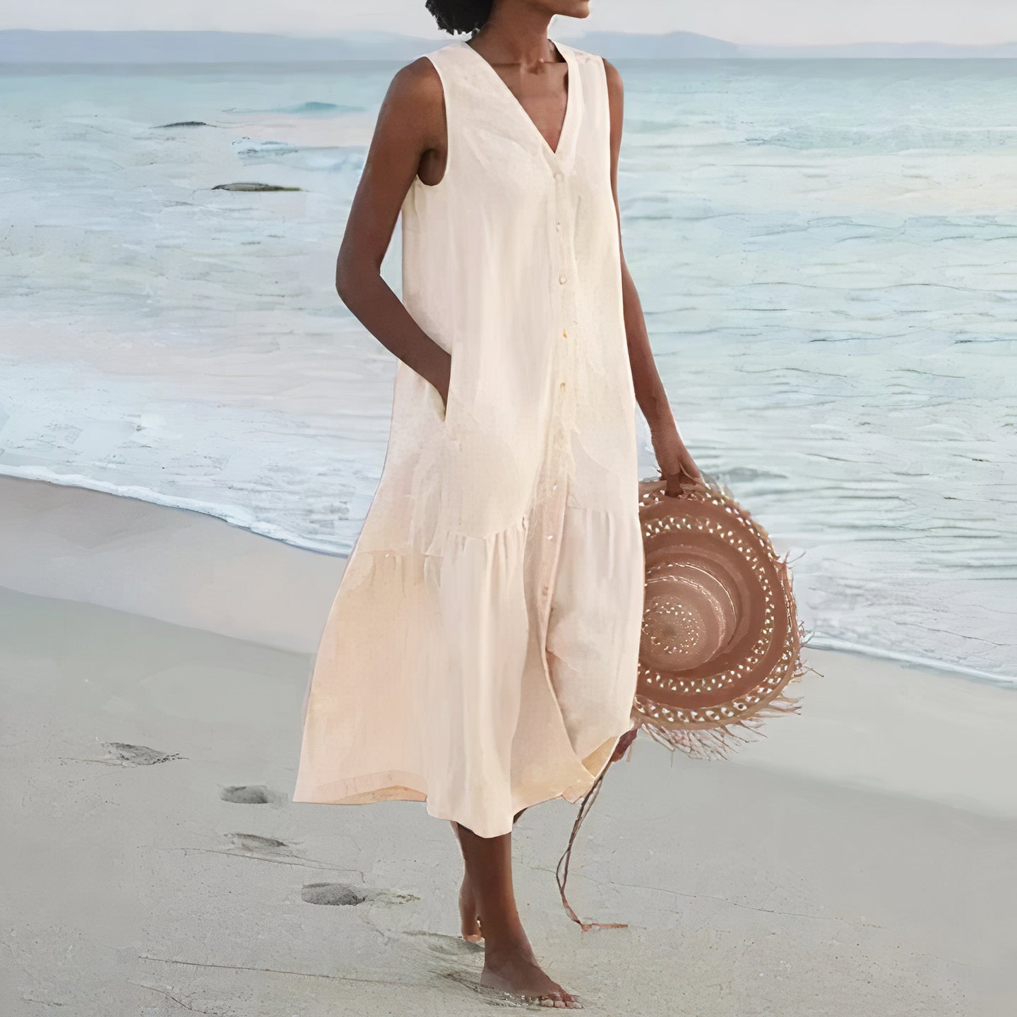 Damen Leinen Midi-Kleid mit V-Ausschnitt und Knopfverschluss