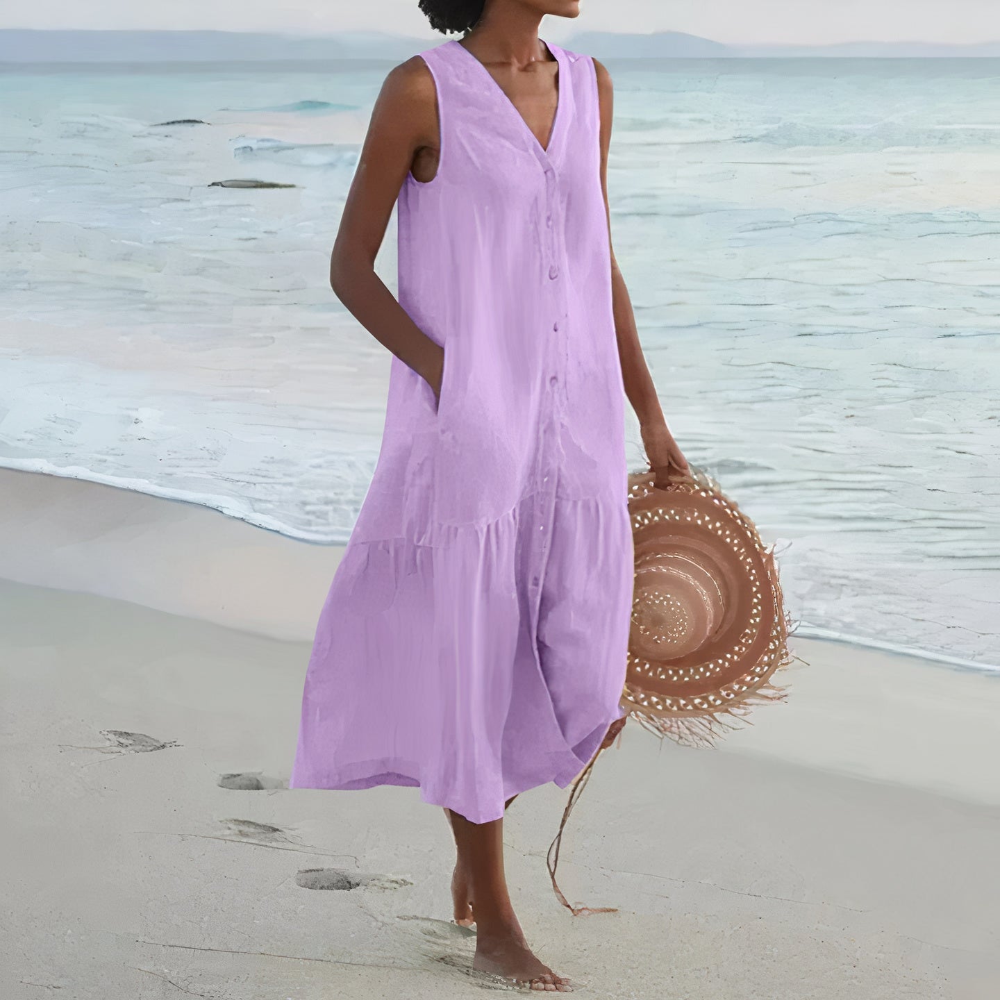 Damen Leinen Midi-Kleid mit V-Ausschnitt und Knopfverschluss