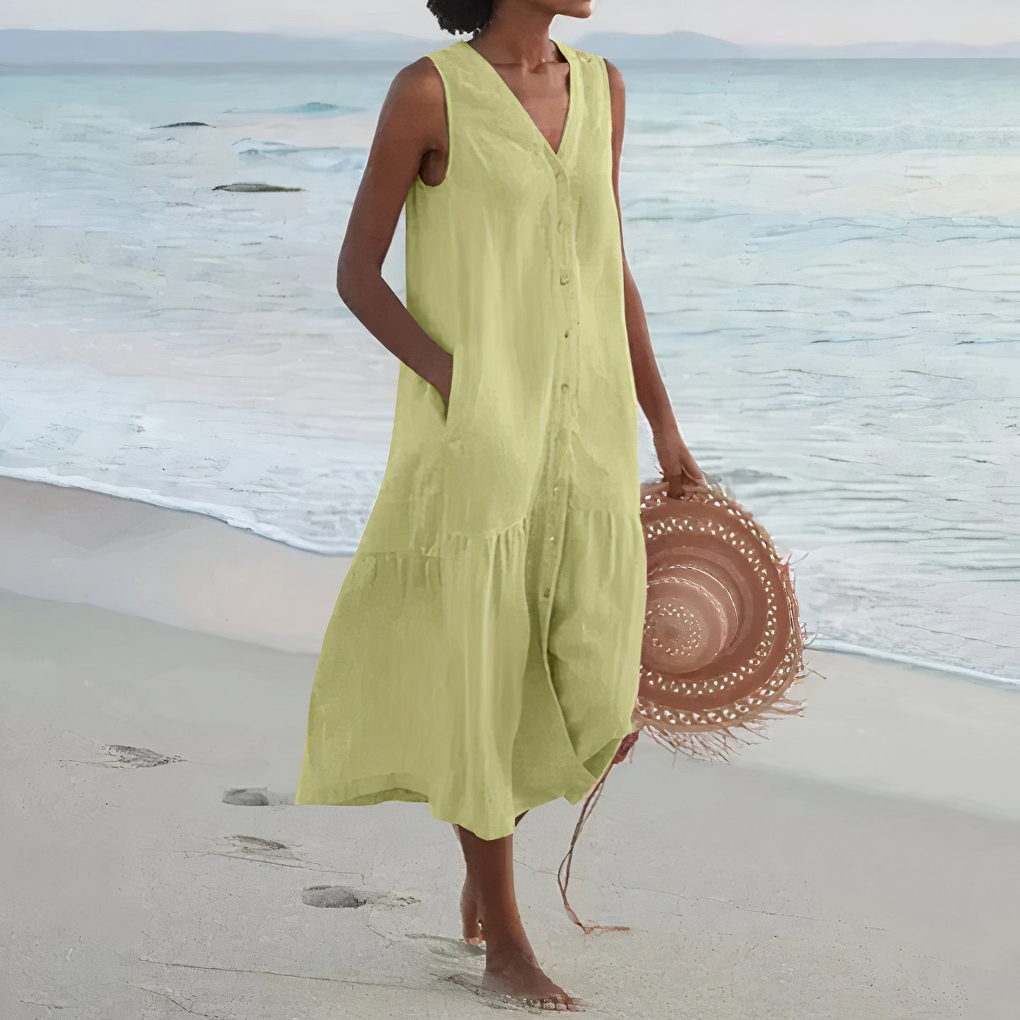 Damen Leinen Midi-Kleid mit V-Ausschnitt und Knopfverschluss
