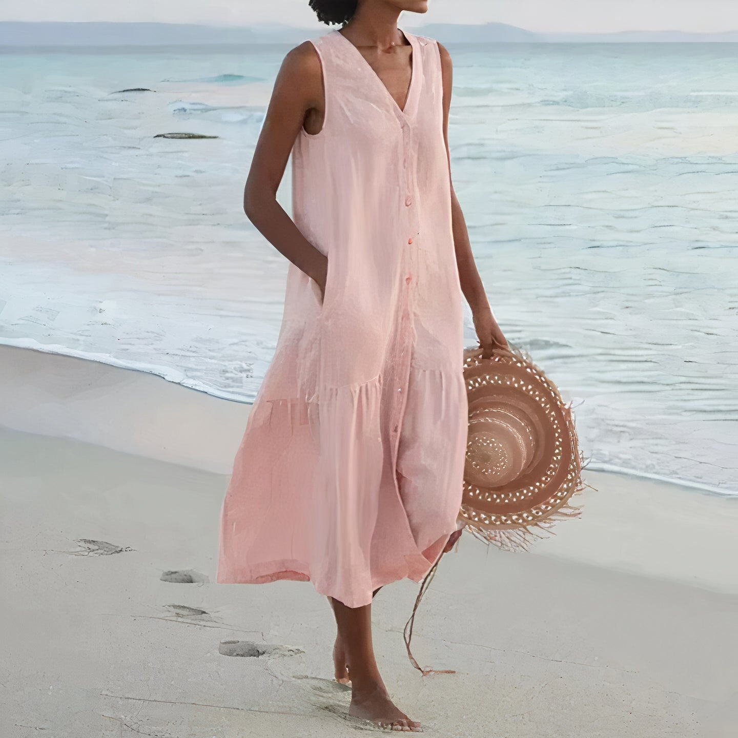Damen Leinen Midi-Kleid mit V-Ausschnitt und Knopfverschluss