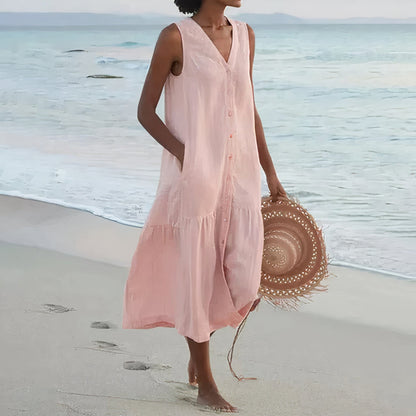 Damen Leinen Midi-Kleid mit V-Ausschnitt und Knopfverschluss