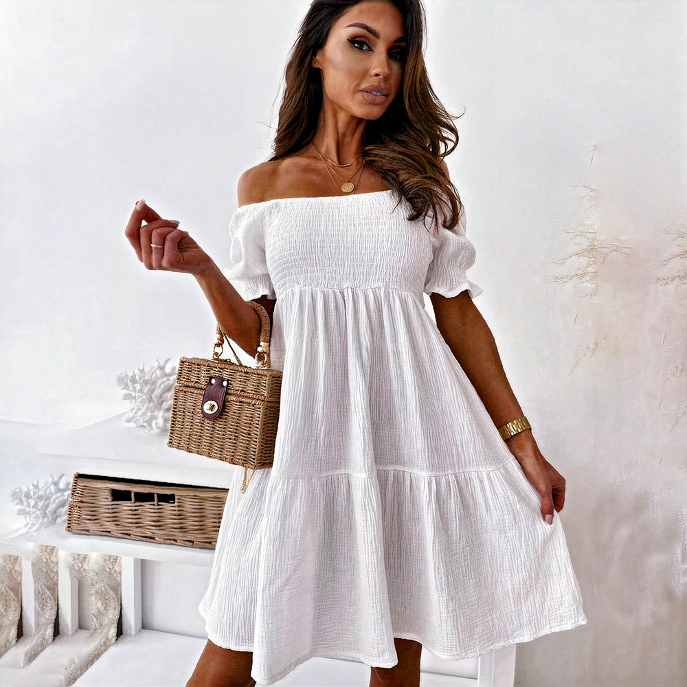Damen Sommer Minikleid mit Puffärmeln und ausgestelltem Rock