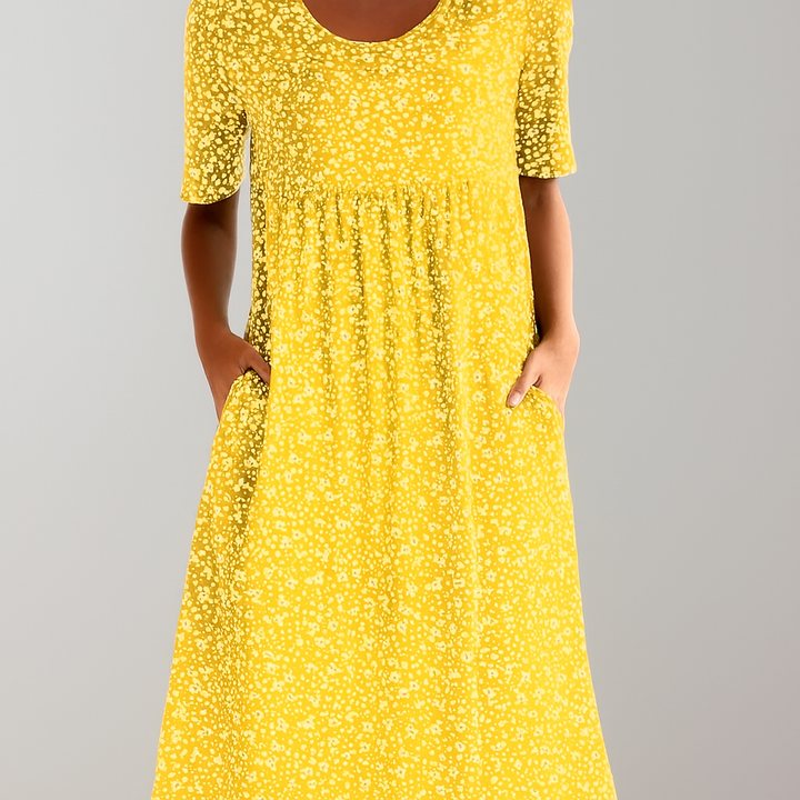 Blumiges Midikleid mit hoher Taille und Taschen