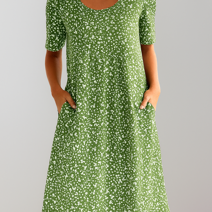 Blumiges Midikleid mit hoher Taille und Taschen