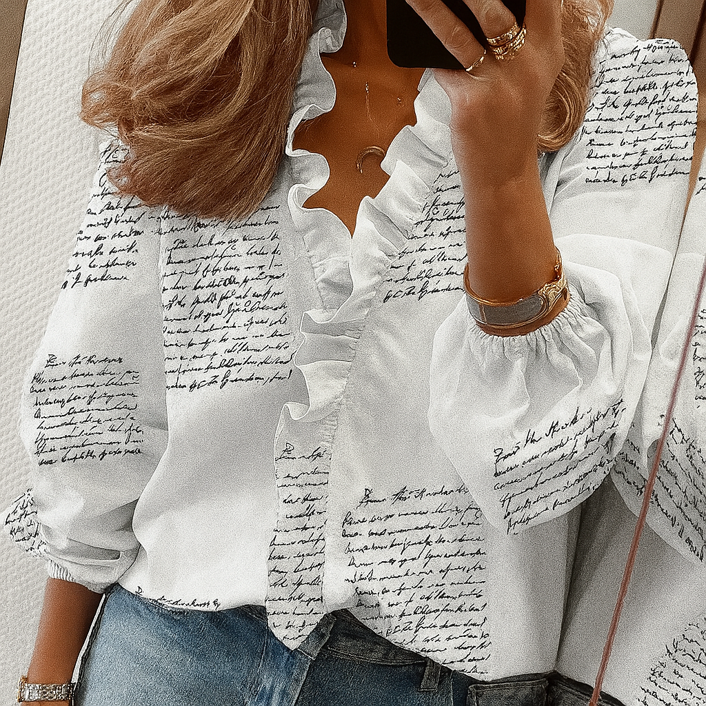 Bluse mit Rüschenbesatz in Blaugrün und Puffärmeln