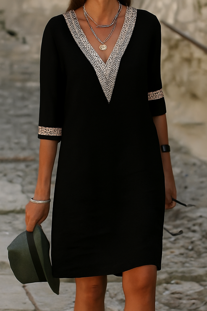 Retro Minikleid mit V-Ausschnitt – Baumwoll-Leinen-Mix für feminine Eleganz