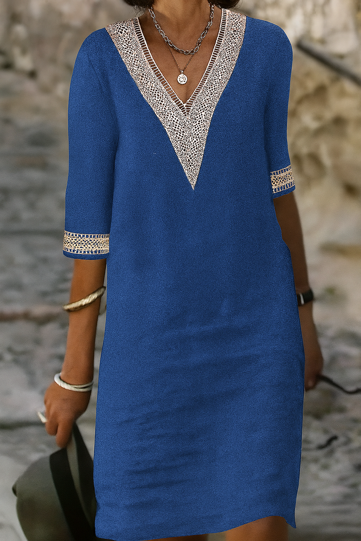 Retro Minikleid mit V-Ausschnitt – Baumwoll-Leinen-Mix für feminine Eleganz