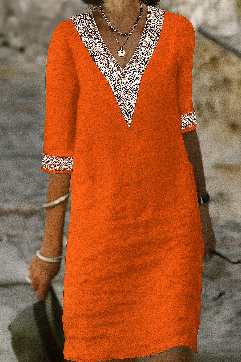 Retro Minikleid mit V-Ausschnitt – Baumwoll-Leinen-Mix für feminine Eleganz