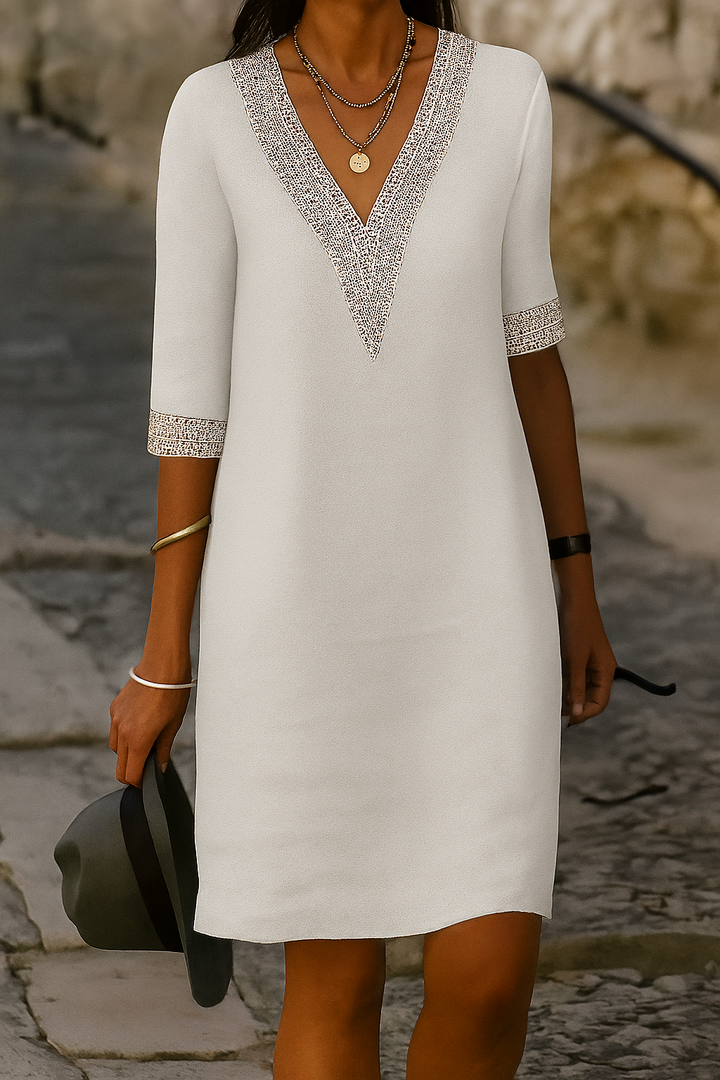 Retro Minikleid mit V-Ausschnitt – Baumwoll-Leinen-Mix für feminine Eleganz