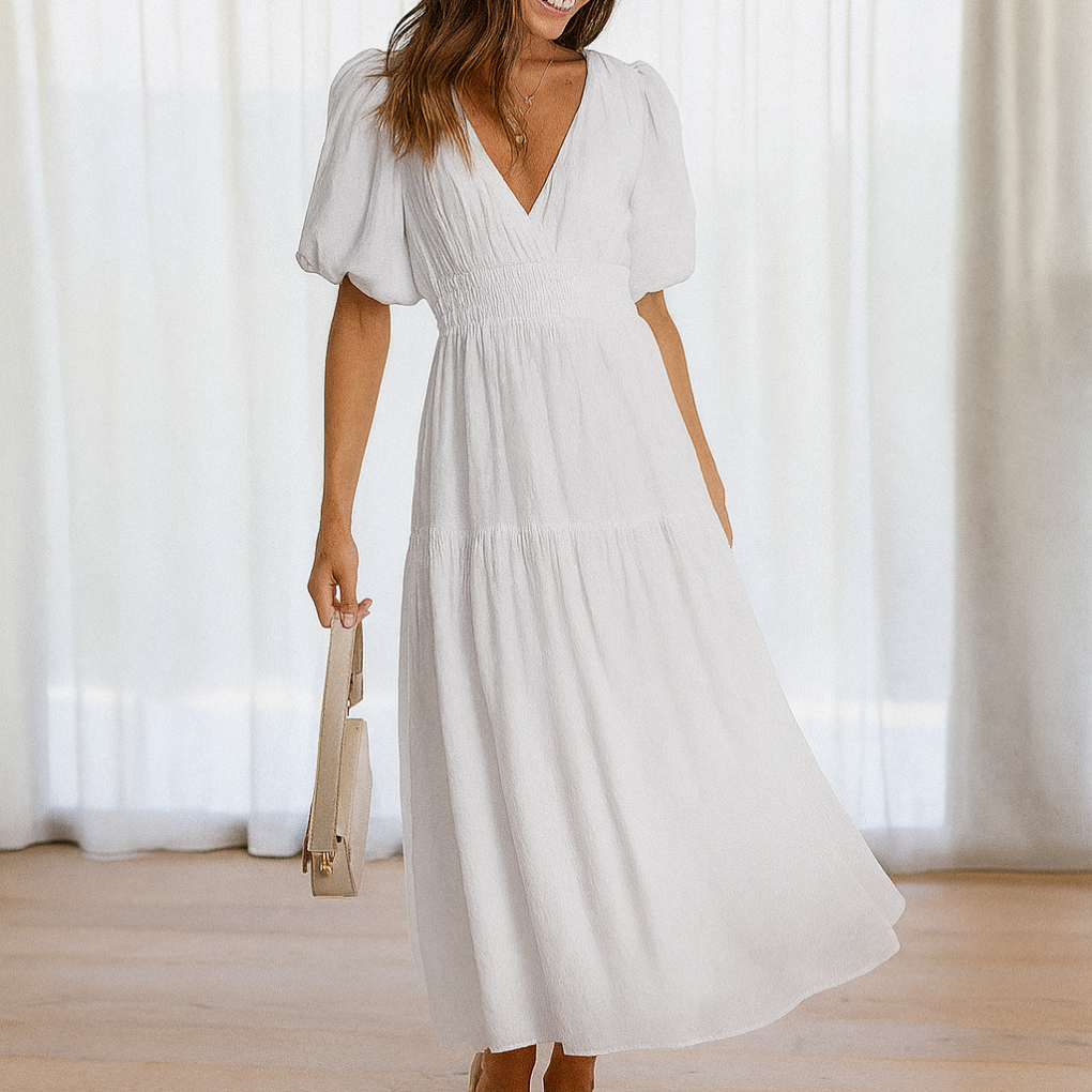 Midikleid für Damen mit V-Ausschnitt und elastischem Bund