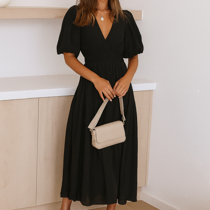 Midikleid für Damen mit V-Ausschnitt und elastischem Bund