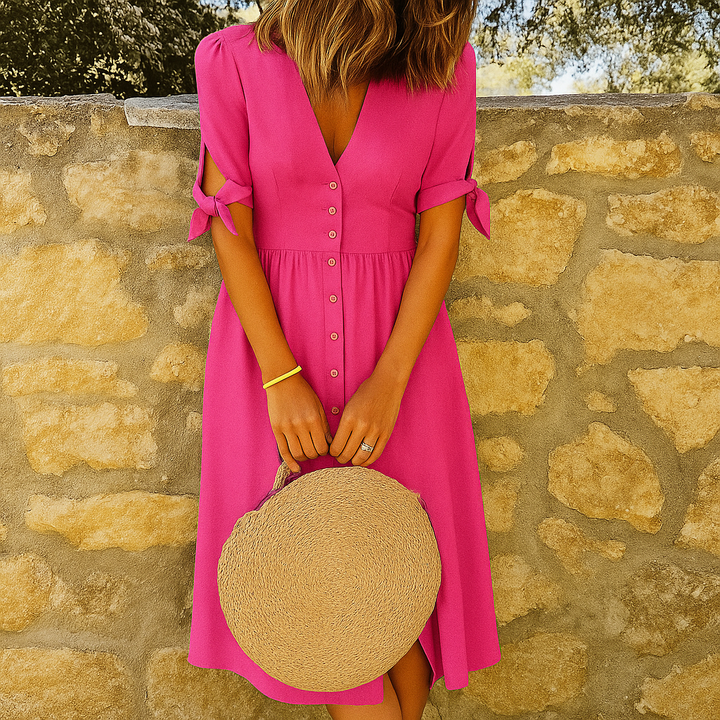 V-Ausschnitt-Kleid mit Knöpfen für den Alltag