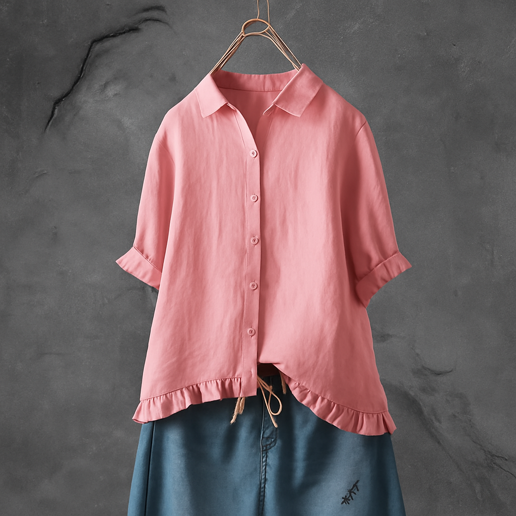 Baumwollbluse mit Knopfleiste und gerüschtem Saum