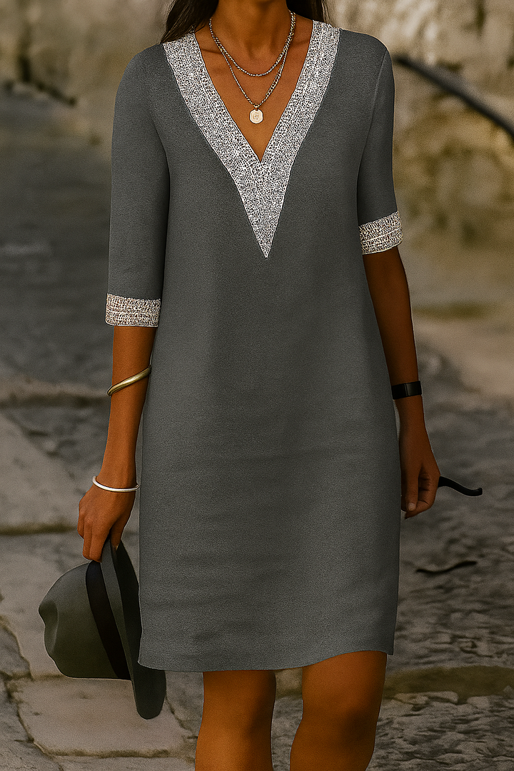 Retro Minikleid mit V-Ausschnitt – Baumwoll-Leinen-Mix für feminine Eleganz