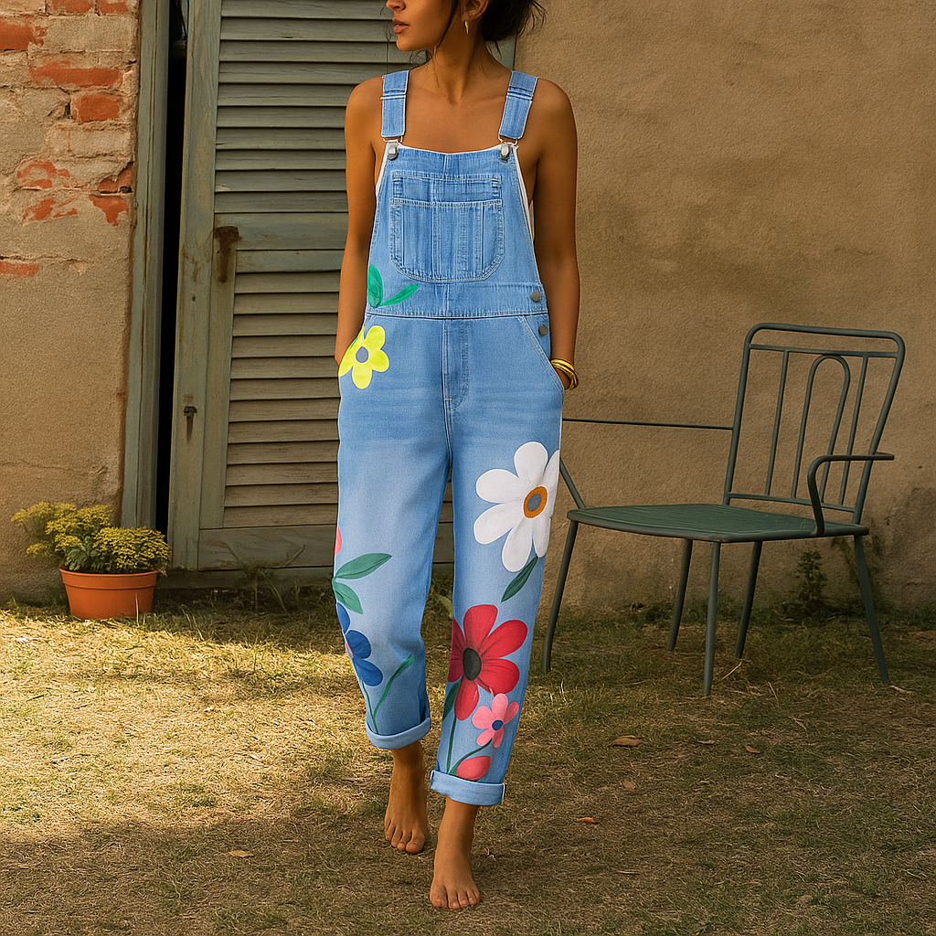 Stylischer Jeans-Overall mit Blumenmuster