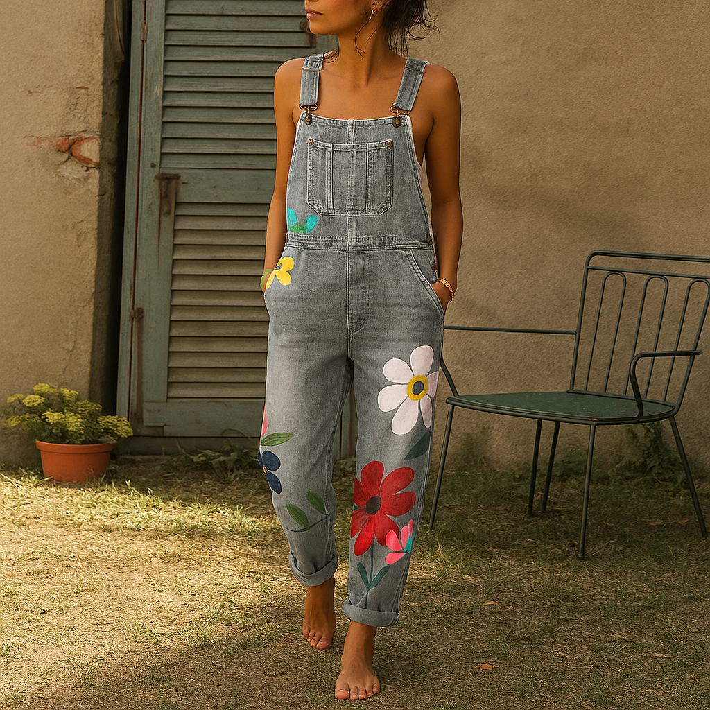 Stylischer Jeans-Overall mit Blumenmuster