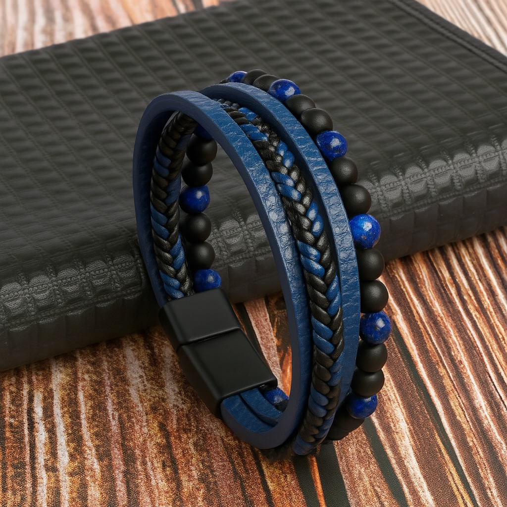 Herrenarmband aus Leder und Steinperlen in Lagenoptik