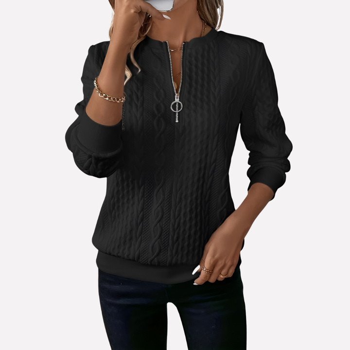 Damen Kabelstrickpullover mit Reißverschluss am Kragen