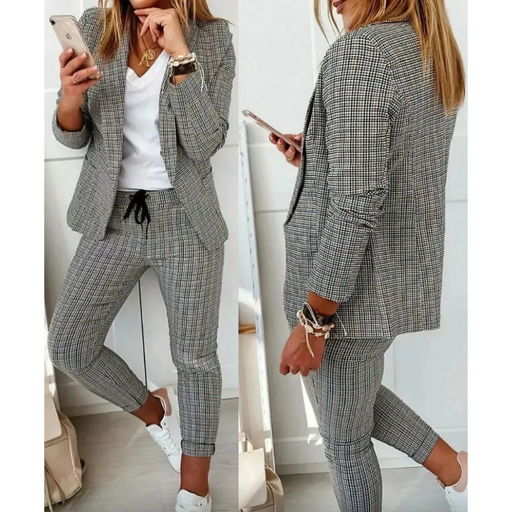 Damen Langarm karierter Blazer und Hosen Set