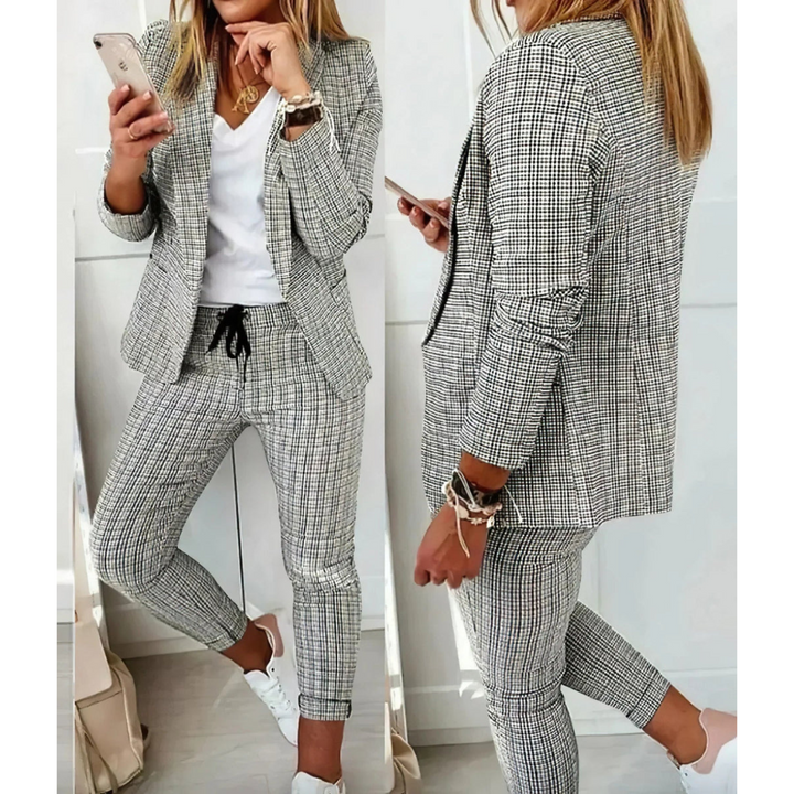 Damen Langarm karierter Blazer und Hosen Set
