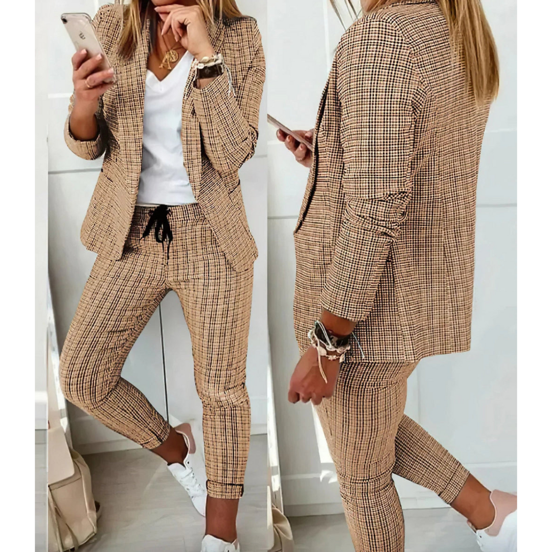 Damen Langarm karierter Blazer und Hosen Set