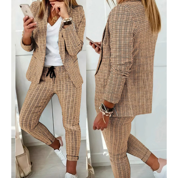 Damen Langarm karierter Blazer und Hosen Set