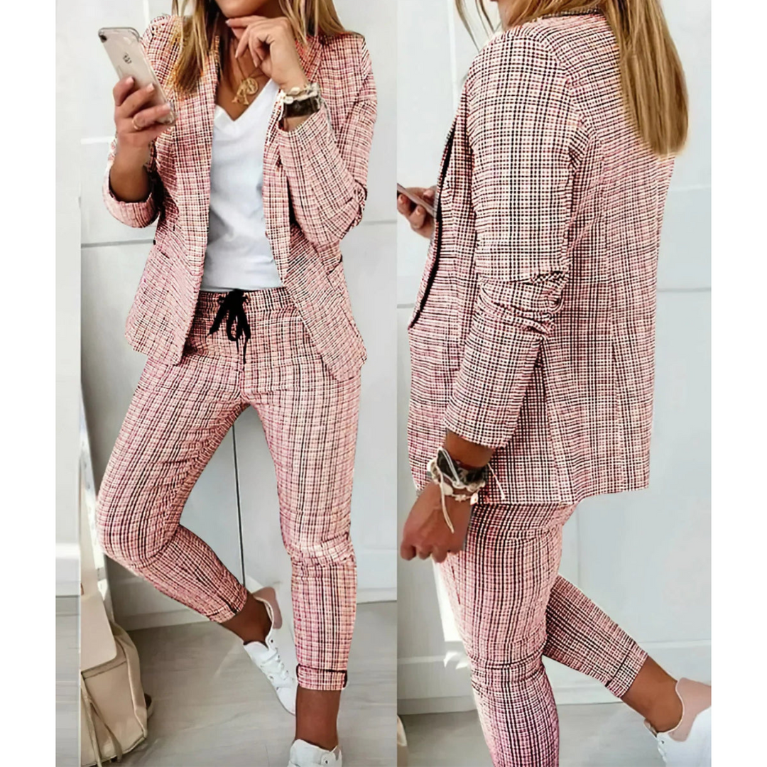 Damen Langarm karierter Blazer und Hosen Set