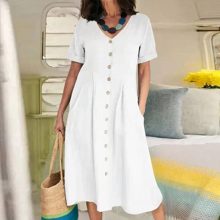 Damen Sommer Leinen Midi Kleid mit V-Ausschnitt und Taschen