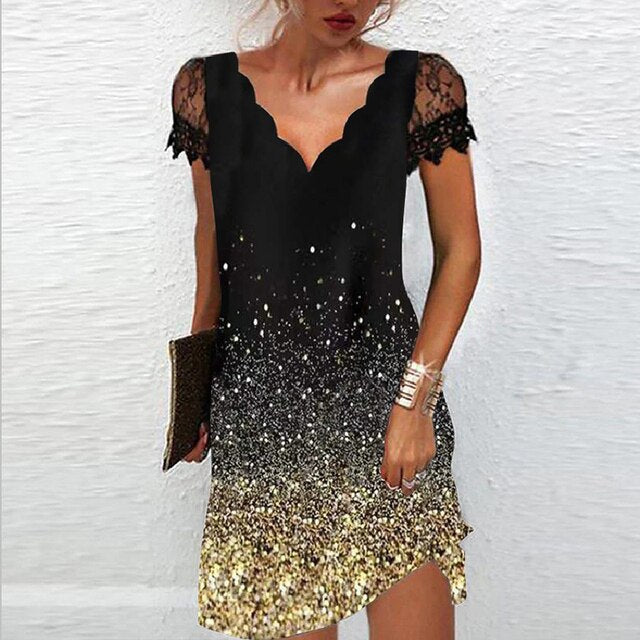 Damen Mini Kleid mit V-Ausschnitt und kurzen Ärmeln