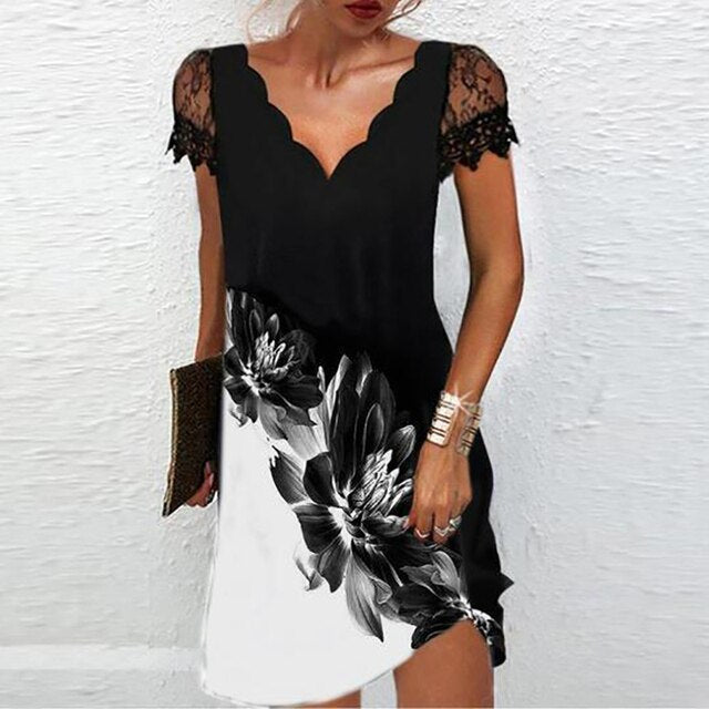 Damen Mini Kleid mit V-Ausschnitt und kurzen Ärmeln