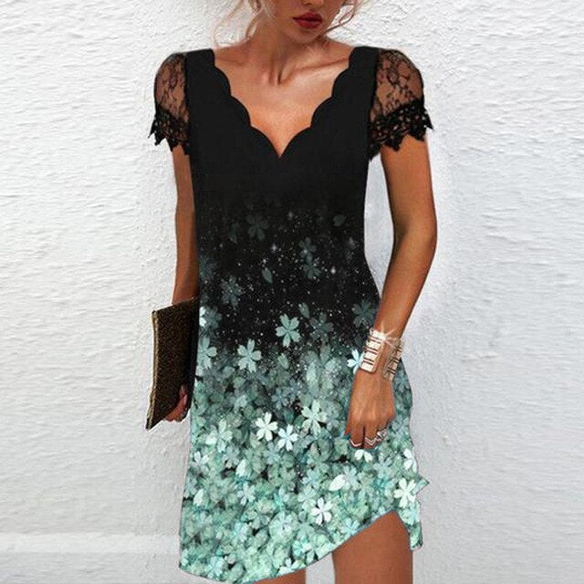 Damen Mini Kleid mit V-Ausschnitt und kurzen Ärmeln