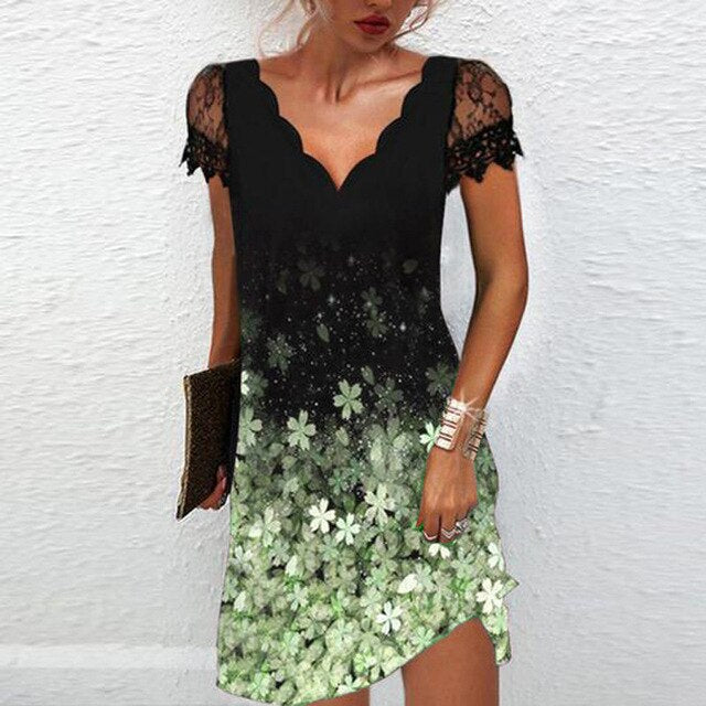 Damen Mini Kleid mit V-Ausschnitt und kurzen Ärmeln